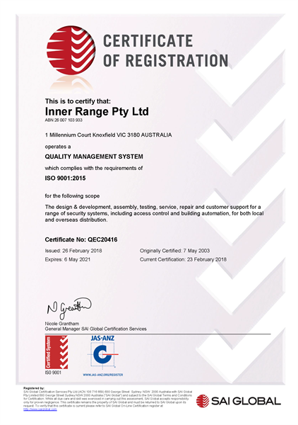Inner Range gains ISO 9001:2015 certification.